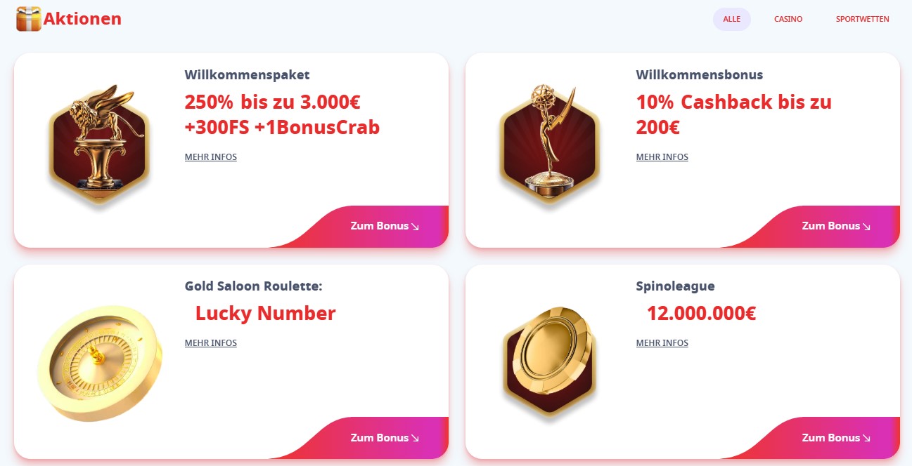 Infinity Casino Willkommensbonus Aktionen